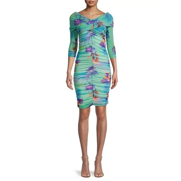 Fuzzi Tropical Ruched Mesh Mini Dress Size S Mint #FB411 - Picture 1 of 8